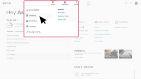 Student dashboard in Xello. The Home menu is open and the cursor is selecting Lessons